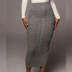 STYLEWE NWT Grey Cable Knit Sweater Midi Skirt Elastic Waist Pockets NEW Size L